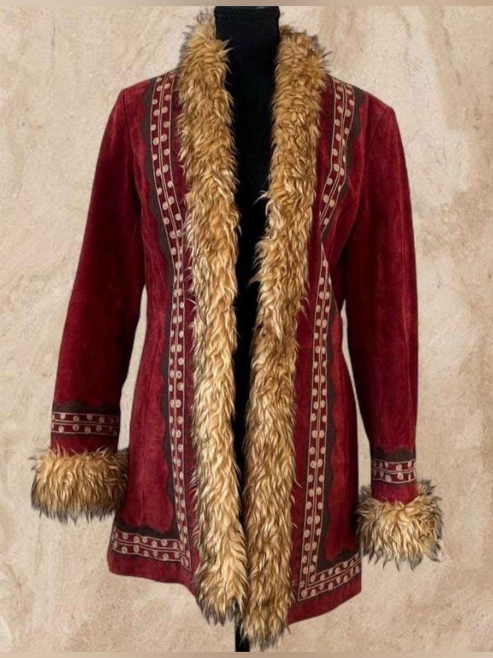 Mixit Women's Burgundy Suede Penny Lane Coat with Faux Fur Trim Small